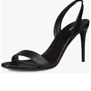 miss left Black Open Toe Slingback Heeled Sandals Dual Straps Slip on Dress Shoe